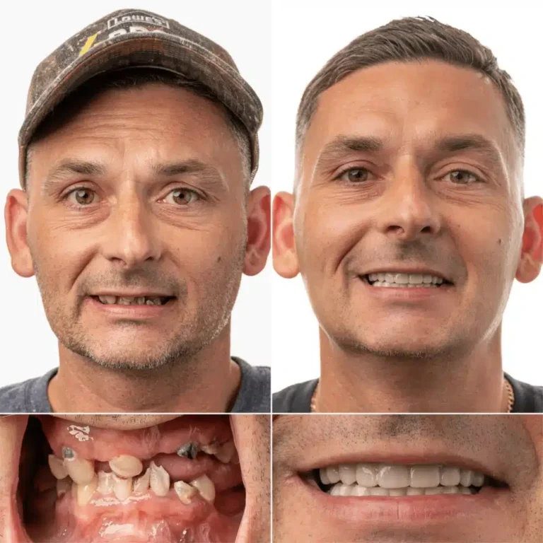 Full mouth implant before and after collage – Chris – Dreamline zirconia arch Baton Rouge